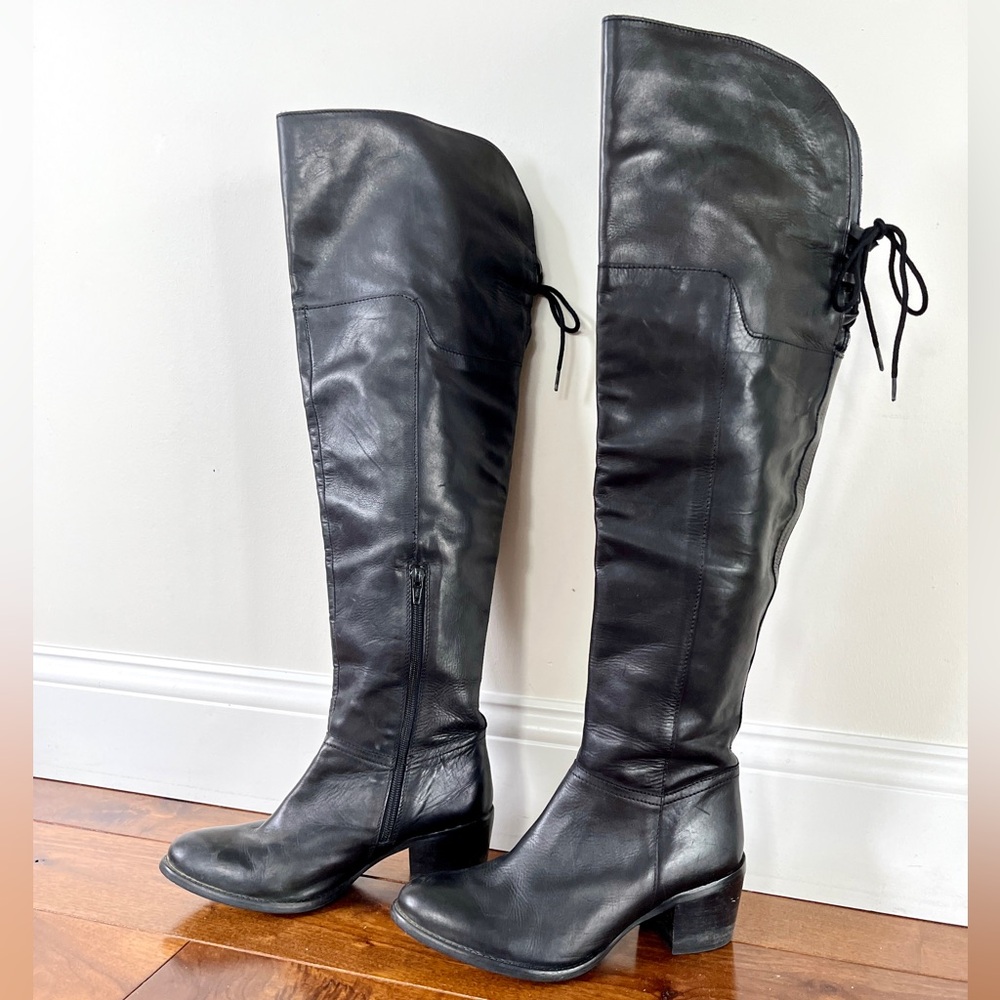 Maddison Thigh High Black Leather Boots - Picture 1 of 13